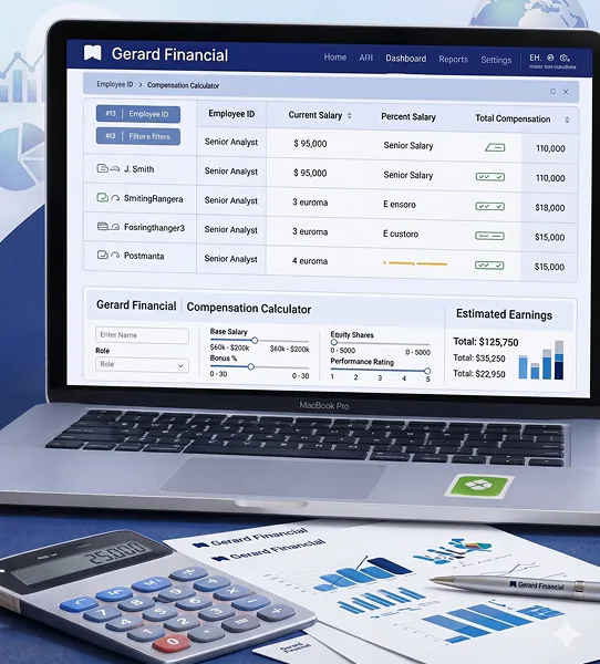Laptop showing a compensation calculator dashboard with calculator and pen on a desk