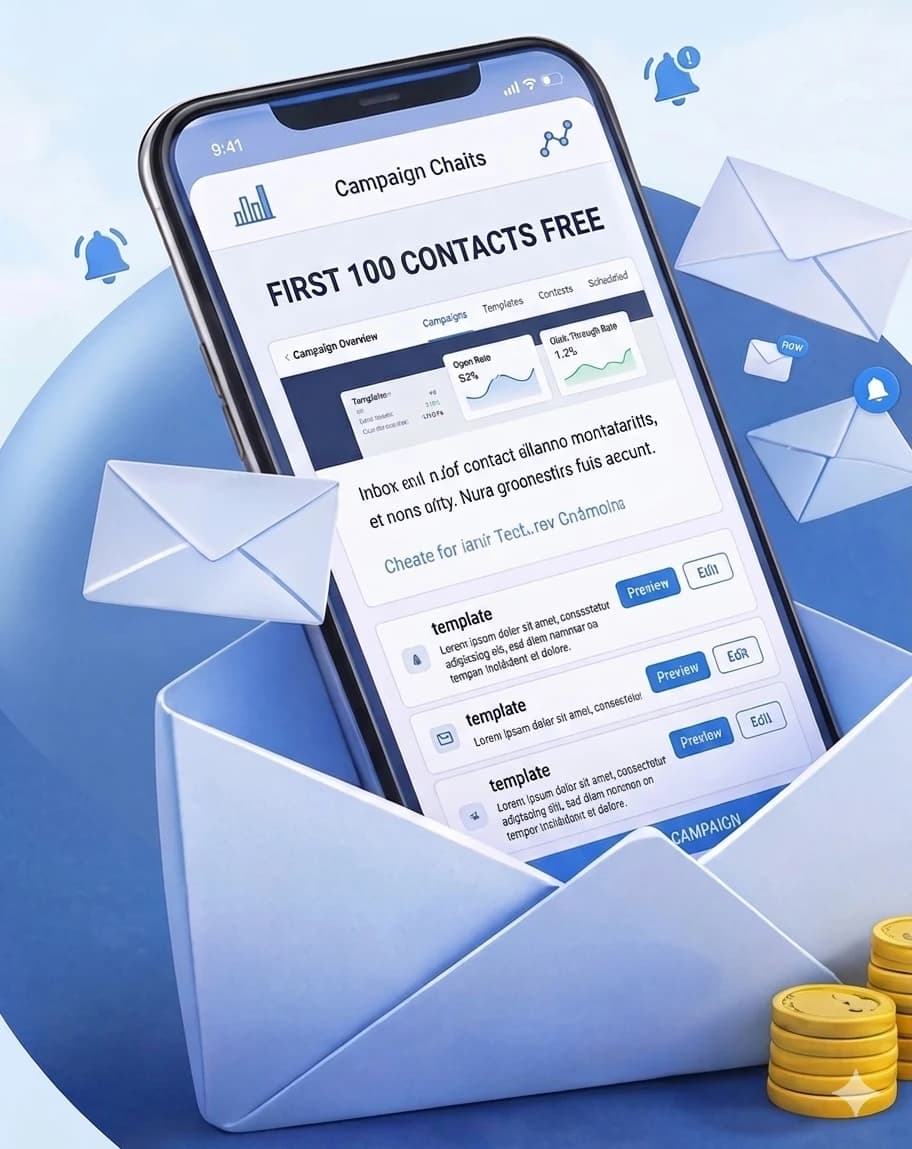 Smartphone with email analytics and floating envelope icons