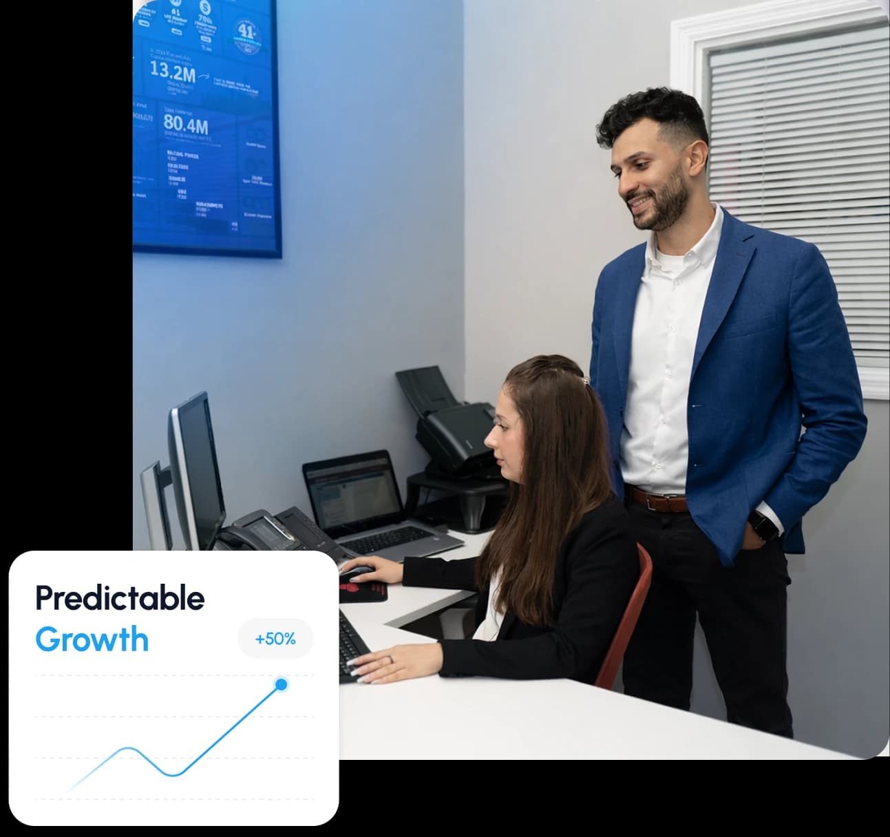 Team collaborating in a modern office with performance insights